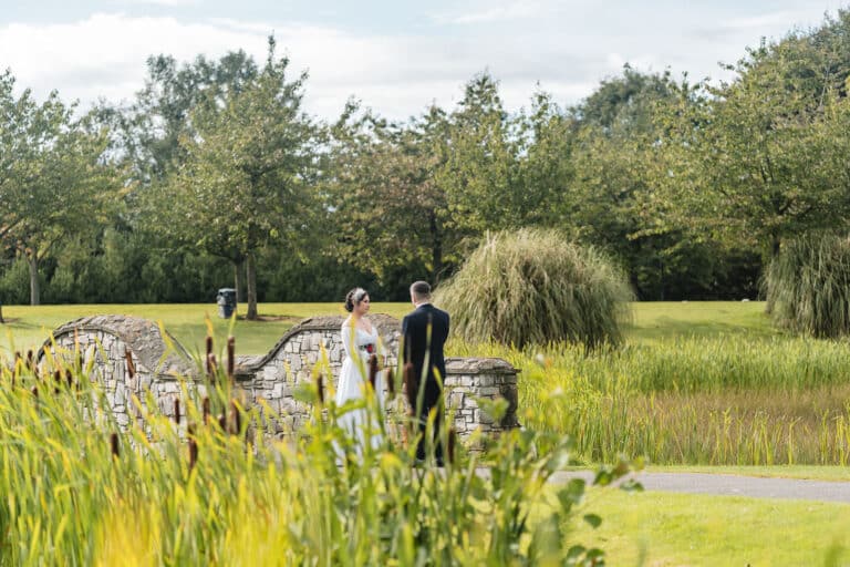Bride and groom facing each other on a stone bridge surrounded by reeds and trees on the grounds of Roganstown Hotel