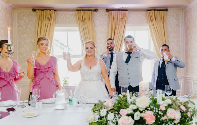 Bride raising a glass with bridesmaids in pink and groomsmen in grey suits at the top table in a Roganstown Hotel function room