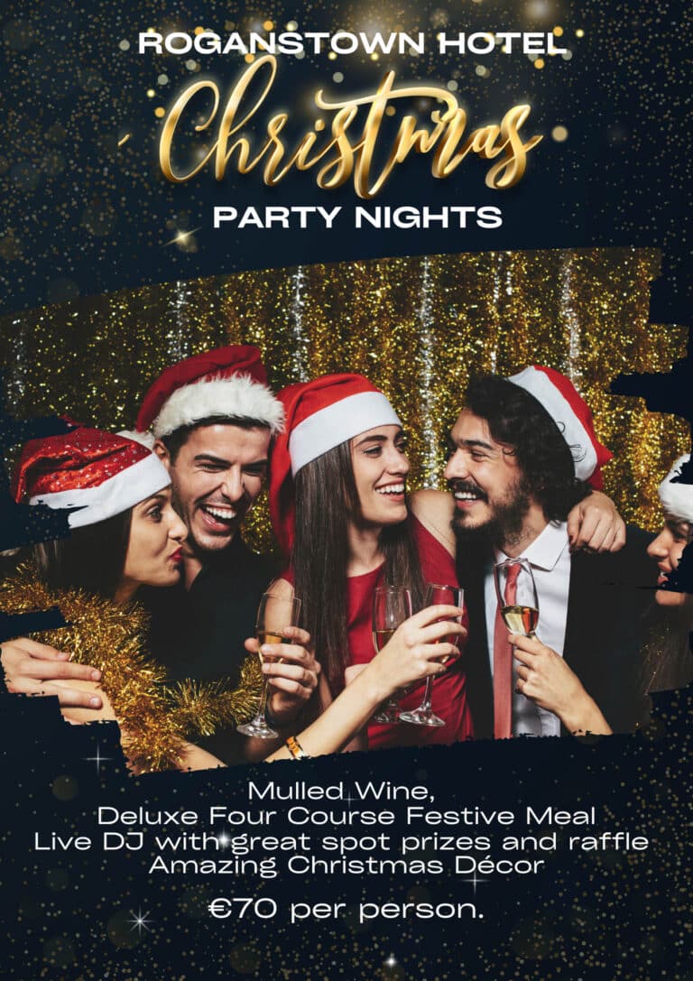 Christmas party menu at Roganstown Hotel with starters, turkey and ham or seabass, desserts and mince pies